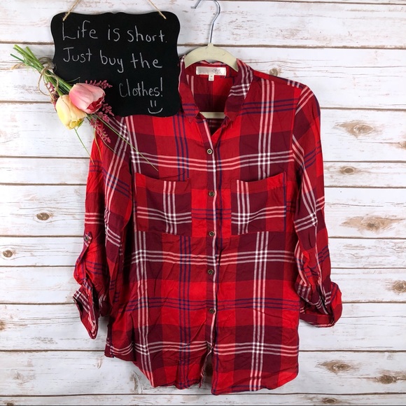 MBK Tops - MBK red plaid button up tab sleeves split back top